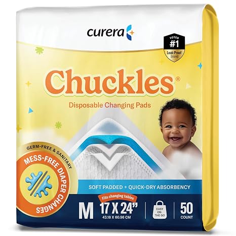 Chuckles 5-Layer Disposable Changing Pads - 17x24 [50-Pack] Baby Liners | Disposable Diaper Changing Pad, Baby Pee Pads, Hypoallergenic Changing Pads for Travel, Curera Brand Underpads