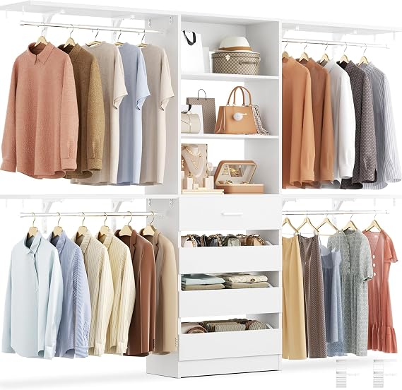 Aheaplus Closet System with 4 Drawers, 8FT Wood Closet Organizer System, 96 Closets Built In System Tower with Shelves, Walk-in Closets Wardrobe Clothes Garment Rack, Fits Spaces 4-9 ft, White