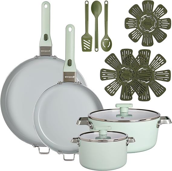 GoodCook 14-Piece Ceramic Cookware Set with Removable Handles, Sage Green