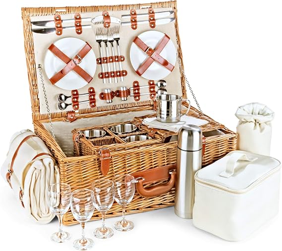 Wicker Picnic Basket Set - Fitted Basket for 4 with Insulated Cooler, Fleece Blanket, Porcelain Plates, Cutlery - Family Picnic Hamper Set for Outdoor Adventures, from Regency Hampers