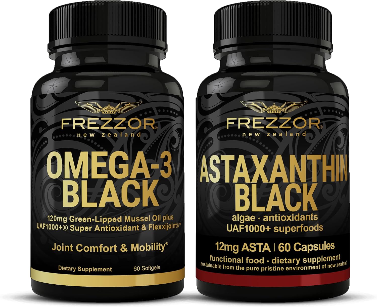 FREZZOR Omega 3 Black Green Lipped Mussel Oil, 53x Higher Potency for Superior Joint Comfort & Mobility, No Fishy Aftertaste, 1 Bottle, 60 Softgels Plus 1 Bottle of Astaxanthin