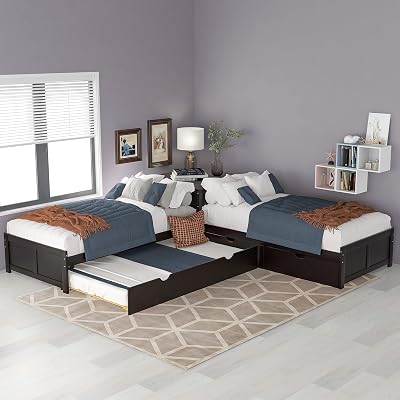 KLMM Twin Size Platform Bed with Trundle and Drawers, L-Shaped Pine Wood Daybed Linked with Built-in Desk for 3 People, 3 Beds in One for Kids Teens Bedroom Furniture EspressoPine-L-Shaped