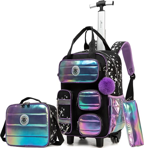 HTgroce Multi-compartment Trolley Backpack School Bag Trolley - Girls & Boys - Purple & Black