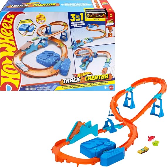Hot Wheels Track Creator Boosted Jump Speedway Set & Toy Car | Deluxe Track Set Building Box with Motorized Booster, With 1:64 Scale Vehicle, Speed Snap Track