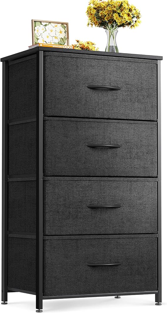 ODK Small Dresser for Bedroom with 4 Storage Drawers, Black | Dresser Chest of Fabric Drawers with Sturdy Steel Frame for Small Space, Wood Top