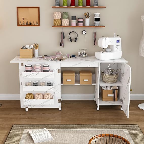 57.5" Foldable Sewing Machine Table with Locking Casters, Multi-Storage Craft Station with Shelves, Bins & Cabinet, Adjustable Sewing Cabinet for Home, Bedroom, and Craft Room