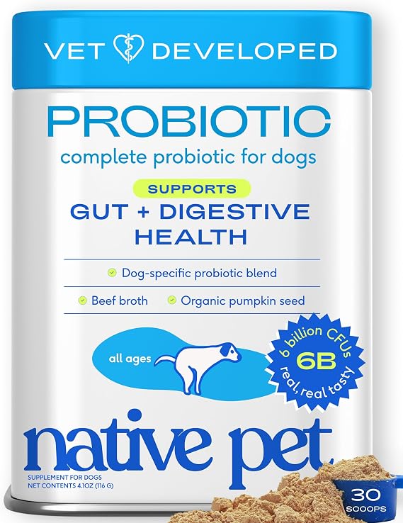 Native Pet Probiotics for Dogs Dog Probiotic Powder for Gut & Digestive Health, Vet-Formulated 6B CFUs Dog-Specific Probiotic Strains, Supports Stool Quality & Diet Transitions 30 Scoops