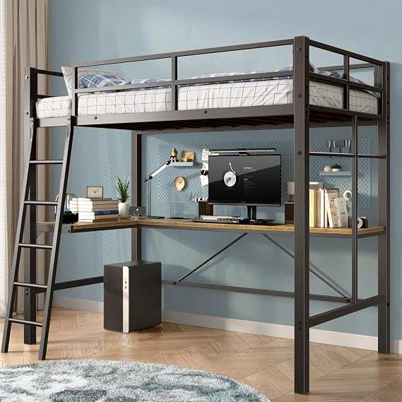 Metal Full Size Loft Bed with Desk, White Loft Bed Frame with Charging Station|Ladder|Safety Guard, Heavy Duty Bunk Beds for Adults or Teens, No Box Spring Needed, Easy Assembly (Black, Twin)