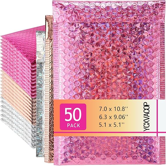 50 Pcs Metallic Bubble Mailer, Holographic Bubble Mailers, 3 Size