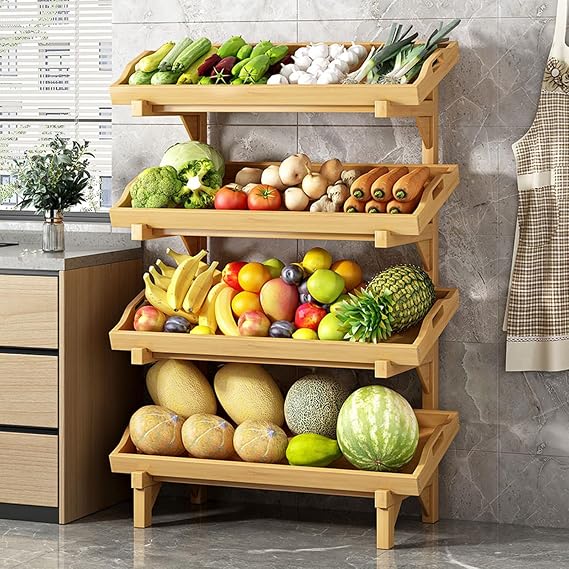 Snack Shelf,Commercial Retail Rack Display Stand, Free Standing Wooded Fruit Vegetable Storage Basket with Guardrail, Detachable Supermarket Snack Shelf for Home/Kitchen/Pantry(ligjt Grey,