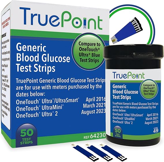 TruePoint Blood Glucose Test Strips 50 Count Compatible with Ultra, Ultra2, UltraMini & UltraSmart Meters Glucose Strips for Blood Testing for Home Use