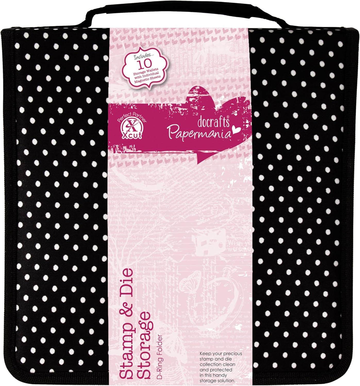 Papermania Polka Dot Stamp & Die Storage, Black and White, 10 x 10", 10 Pockets, Storage Organiser Containing Magnetic Sheets, Refill Pockets Available
