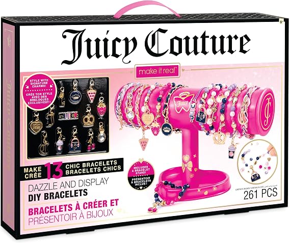 Make It Real: Juicy Couture - Dazzle & Display DIY Bracelets - 261pc Kit, Pink Jewelry Stand, Create 13 Chic Charm Bracelets, Tweens-Girls-Kids 8+