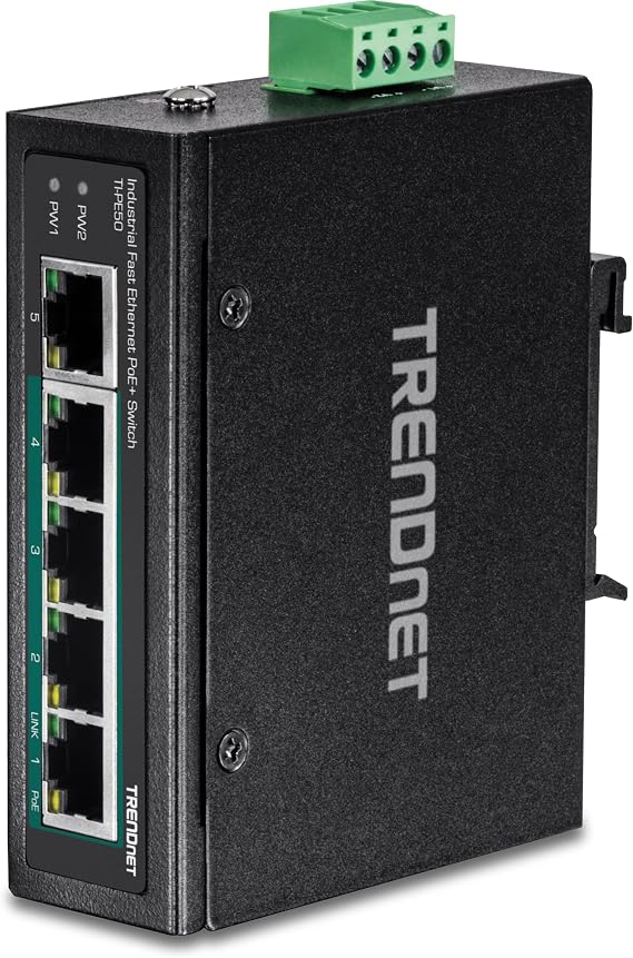 TRENDnet 5-Port Industrial Unmanaged Fast Ethernet PoE+ DIN-Rail Switch