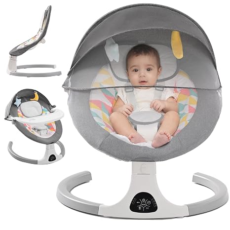 Electric Baby Rocker Baby Swing Indoor Bluetooth 5 Swing Speeds 3 Angle Positions Remote Control & Touch Screen Electronic Baby Rocker with Removable Tray Mosquito Net Grey