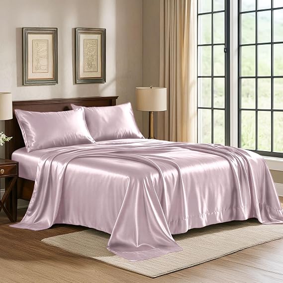 Satin Sheets Full [4-Piece, Champagne Pink] Hotel Luxury Silky Bed Sheets - Extra Soft 1800 Microfiber Sheet Set, Wrinkle, Fade, Stain Resistant - Deep Pocket Fitted Sheet, Flat Sheet, Pillow Cases