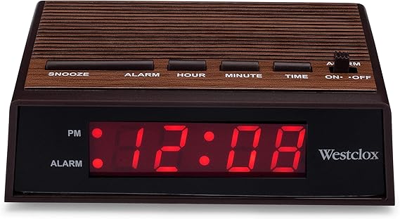 Westclox Retro Wood Style Small Night Table Alarm Clock with Red LED Display, 9-Minute Snooze, Battery Backup, Easy Electric Operation for Bedroom, Home or Office Woodgrain