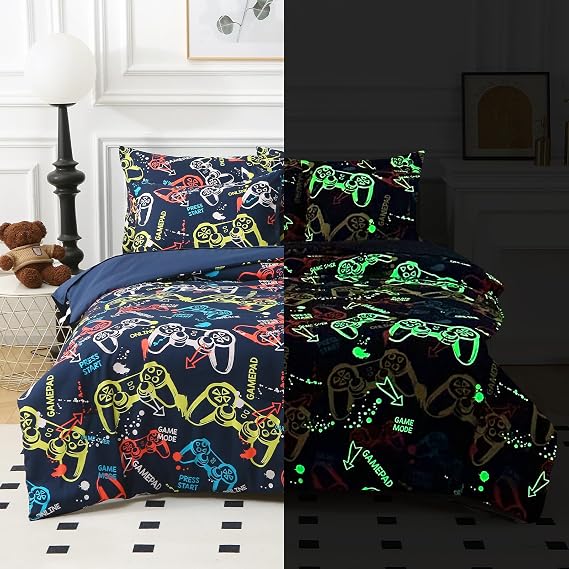 Glow in The Dark Kids Comforter Set, 3 Pieces Gamepad Pattern Set Twin Size for Boys Girls Teen, 1 Comforter, 1 Pillowcase, 1 Pillow Sham