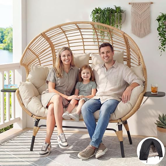 Double Egg Chair Outdoor Indoor 2 Person Wicker Egg Lounge Chair with Foldable Cup Holder Cushion Rain Cover Patio Oversized Loveseat for Balcony Porch Yard