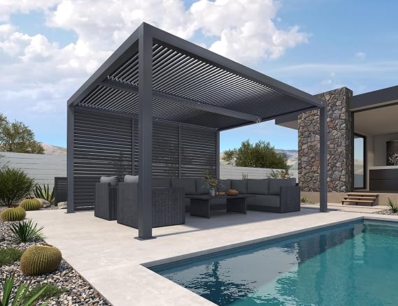 PURPLE LEAF Louvered Pergola 11' x 14' 94AS w/ 1L Side Shutter Wall Gray