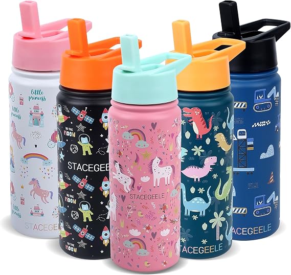 Kids Stainless Steel Water Bottle with Straw Kids Insulated Water Thermos for School Kids Metal Water Bottles for Boys Girls Double Wall Vacuum Leak Proof BPA Free 18oz 550ml Rainbow Horse