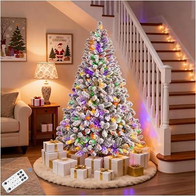 6FT Snow Flocked Pre Lit Christmas Tree with 250 Colorful LED Lights Full Artificial Xmas Tree 1000 Branch Tips Hinged PVC Evergreen with Metal Stand for Indoor Holiday Home Decoration