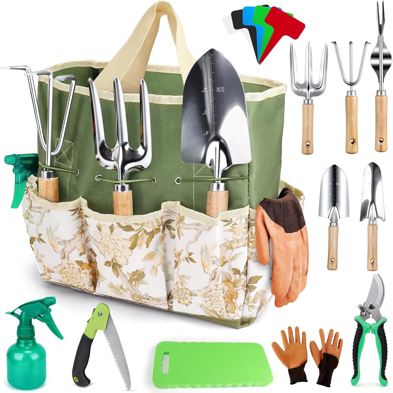 Garden Tool Set 12 Pieces Garden Tools with Garden Tools Organizer Handbag Garden Shovel with Wooden Handle Flower Scissors Garden Claw Gifts for Garden Lovers Garden Gifts for Women