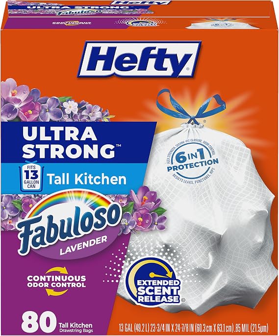 Hefty Ultra Strong 13 Gal Kitchen Trash Bags, Fabuloso Lavender, 80ct