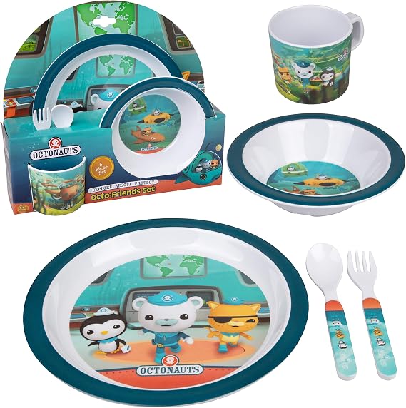 Octonauts 5-Piece Dinnerware Set for Kids & Toddlers, Blue Octo-Friends | Includes Reusable Raised-Edge Plate, Bowl, Cup and Utensils, Break-Resistant Melamine, BPA-Free and Dishwasher Safe