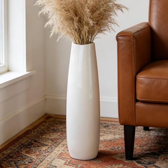 White Tall Ceramic Floor Vase, 23.6 Inch, Oval Design | Glossy Glazed Finish, Living Room, Fireplace, Entryway, Pampas Grass