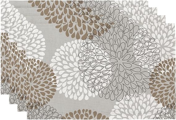 QIYI Boho Table Placemats Set of 4, 12"x18" Linen Place Mats, Brown Bloom