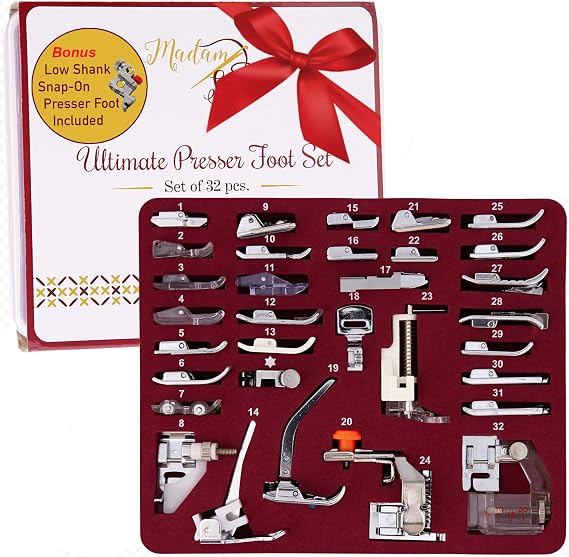 Madam Sew Presser Foot Set 32 PC Set | The ONLY Sewing Machine Presser Foot Kit with Manual & Deluxe Storage Case | Numbered Slots for Organization | Compatible with Most Brother Sewing Machine Feet