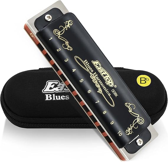East top Diatonic Harmonica Key of Bb 10 Holes 20 Tones 008K Mouth Organ with Black Cover, Top Grade Harmonica for Adults, Professionals and Students