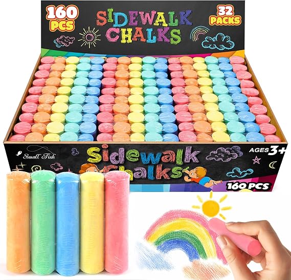 Sidewalk Chalk Bulk Kids: 160Pcs in 5 Colors 32 Packs Washable Jumbo Chalk | Outdoor Chalk for Kids Art, Non-Toxic Dustless Giant Box Chalkboard Chalk for Toddler Painting on Blackboard, Party Favors