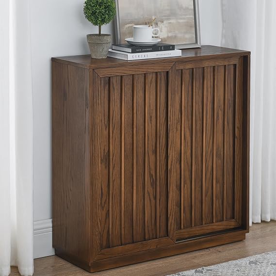 32" Mid Century Modern Slim Accent Cabinet Walnut Sideboard Buffet