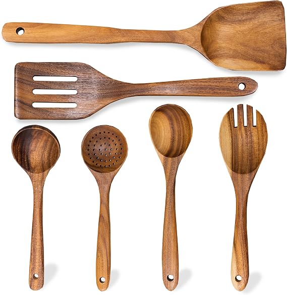 Souped Up Recipes 6 Piece Natural Teak Wooden Kitchen Utensils Set- Wooden Spatula Cooking Utensils Spoons Salad Fork