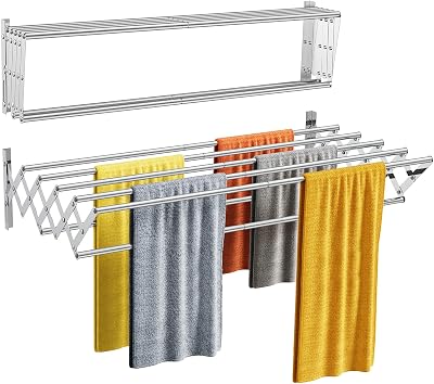 MrToNo Wall Mounted Clothes Drying Rack, Upgraded Retractable Drying Rack for Laundry RoomBathroom Tower, Easy to Install with 7 Drying 31.5-inch Rods, All-in-One Molding No Assembly Required