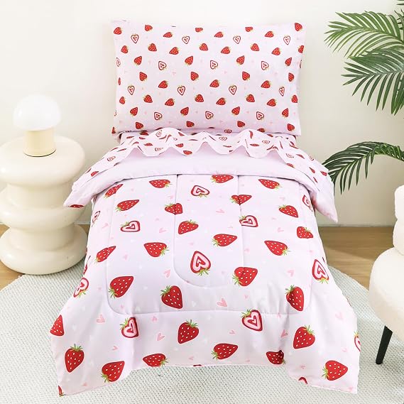 lasoftan Toddler Bedding Set, 4 Piece Bed-in-a-Bag Toddler Bed Comforter Sets for Girls, Toddler Bed Set, Prink Strawberry Printed, Machine Washable