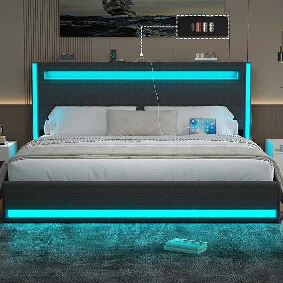 King Size Bed Frame and Adjustable Headboard, Light up King Size Platform Bed Frame with Type-C & USB Charging Station, LED Upholstered Metal Bed Frame King Size, No Box Spring Needed, Dark Grey