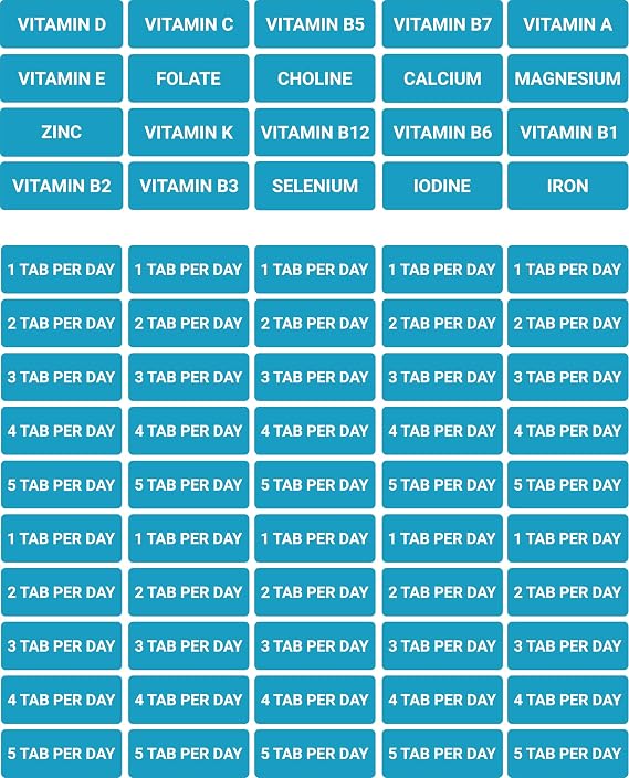 Daily Vitamin and Mineral Supplement Bottle Labels, 20 Vitamins and Minerals, 1-5 Tabs Per Day (Cyan)