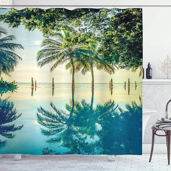 Ambesonne Landscape Shower Curtain, A Pool with Palm Trees on The Surface Region and Hot Spot Climate on Earth Nature Scenery Theme, Fabric Bathroom Decor Set with Hooks, 69" W x 75" L, Blue Green