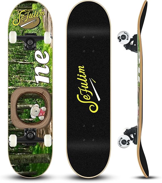 31 x 8 Inch Complete Skateboard 7 Layer Canadian Maple Double Kick Deck Skateboard for Boys Girls Teens Adults Beginner