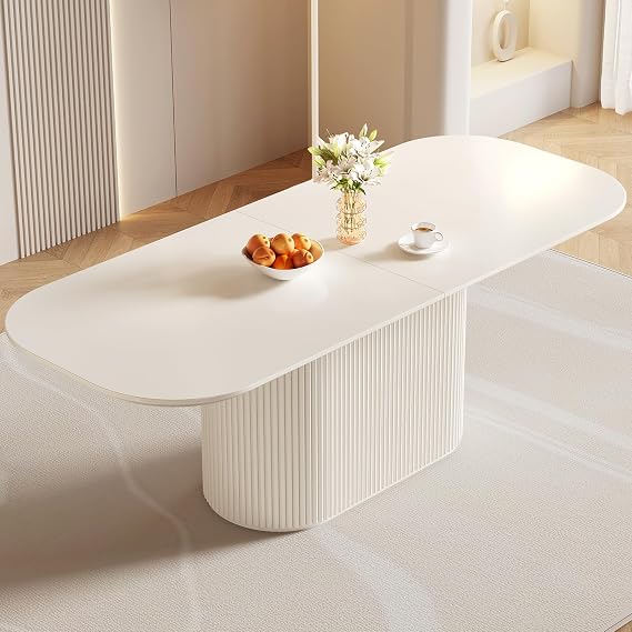 Cream Style Oval Dining Table with Fluted Pedestal Base, Modern Minimalist Kitchen Table, Contemporary Dining Room Furniture for Home, Apartment, Living Room (Dining Table Only, 220 cm)