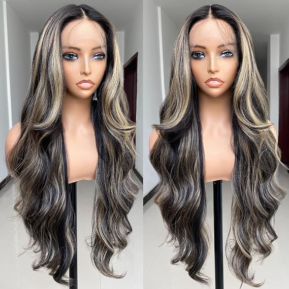 SISgrace 2/27 Ombre Highlight Lace Front Wigs Synthetic Body Wave Wear and Go 13x4x1 T-part Lace 28 Inch Pre-Plucked HD Glueless Ombre Lace Front Wig for Black Women