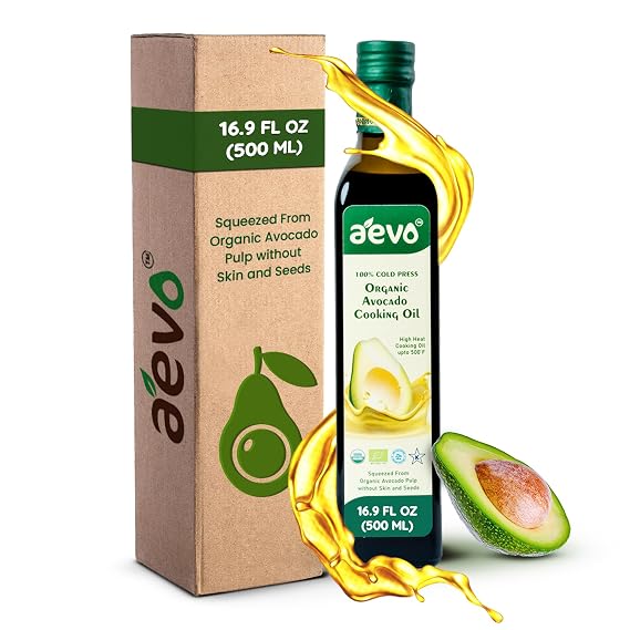 AEVO 100% Cold Press Organic Virgin Avocado Cooking Oil Great for All Purpose Cooking, High Temperature Cooking, Sauteing, Baking, Frying, Salad Dressing, Marinade, Butter Substitute, Ghee (Pack of 1 Bottle, 16.91 Fl Oz)