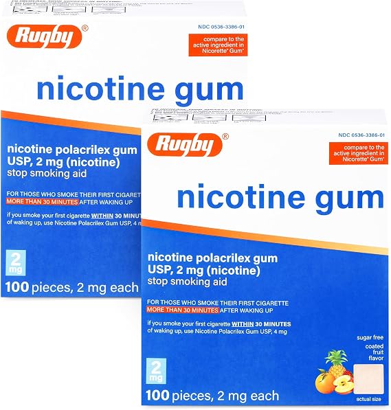 Rugby Polacrilex 2mg Nicotine Gum, Coated Fruit Flavor, 100 Count (2-Pack) | Sugar-Free Stop Smoking Aid, Helps Reduce Nicotine Cravings and Withdrawal Symptoms, 12-week Schedule