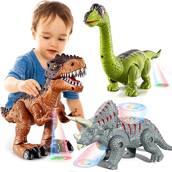 3 Pack Walking Dinosaurs Toys for Boys Kids 3-5 5-7 Years Old, Simulated Tyrannosaurus Brachiosaurus Triceratops with Sound & Light, Birthday Gifts Dino Toy for Toddlers Boys Girls 3 4 5 6 7 8 Years