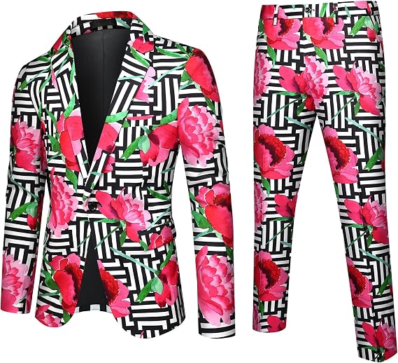 Cloudstyle Mens 2 Piece Floral Dress Suit Pattern Print Party Prom Tuxedo Suit Jacket Pants Set