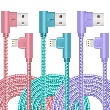 APFEN Lightning Cable iPhone Charger 10ft 3 Pack 90 Degree for iPhone 14 | Long Strong Nylon Braided Charging Cable MFi Certified Compatible for iPhone 13/12/11/ Pro/X/XS/XR/8/7/6/5S/SE