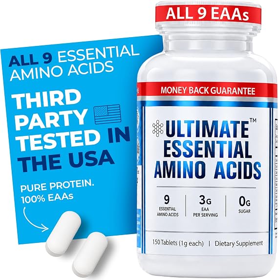 Ultimate Essential Amino Acids Supplement for Cutting, Fasting & Workouts, All 9 EAAs, 3000mg, 40% Leucine, 4:1:1 BCAA Ratio, Binder-Free with Organic Coating, Vegan, Keto, Non-GMO, 150 Tablets